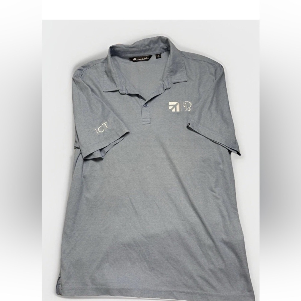 Travis Mathew Polo Shirt Golf Heather Blue Short Sleeve Men Sz XL Logo